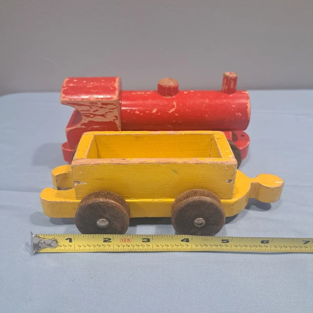 VTG Nicoltoys Wooden Train Engine & Wagon Red Yellow Made in England Rustic Toy